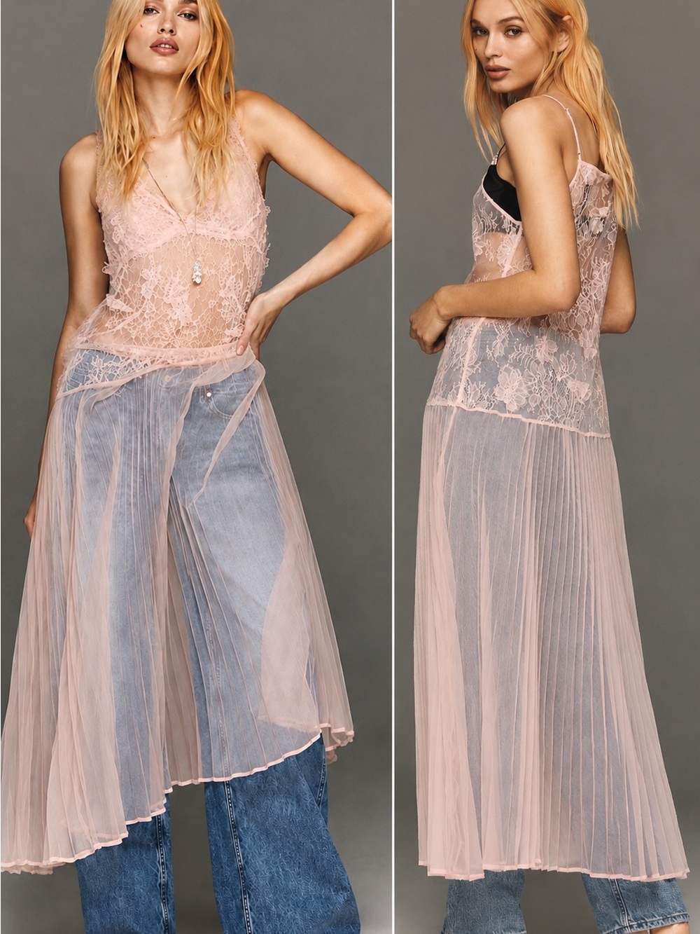 Anthropologie Pale Pink Lace & Pleated Sheer Tunic